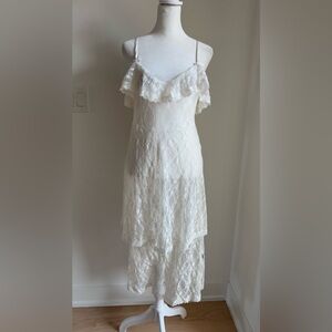 POL Sheer Lace Layering Slip Dress Spaghetti Straps Tiered Skirt